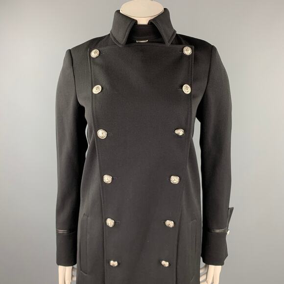 VERSUS by GIANNI VERSACE Size 10 Black Wool Solid Leather Trim Coat - Picture 2 of 8